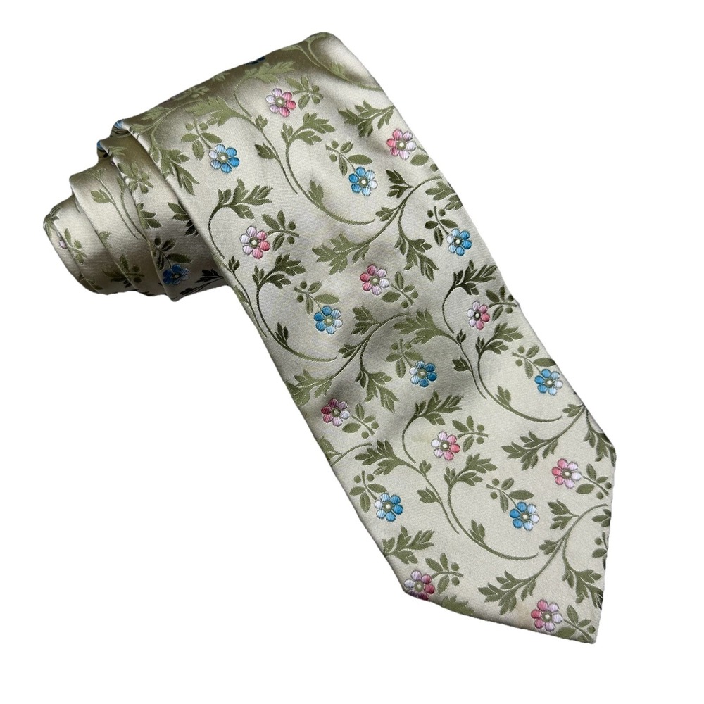 Leonard Studio Men's Tie Floral Champagne Jacquard Silk 3 7/8" (W) 59.5" (L) guc